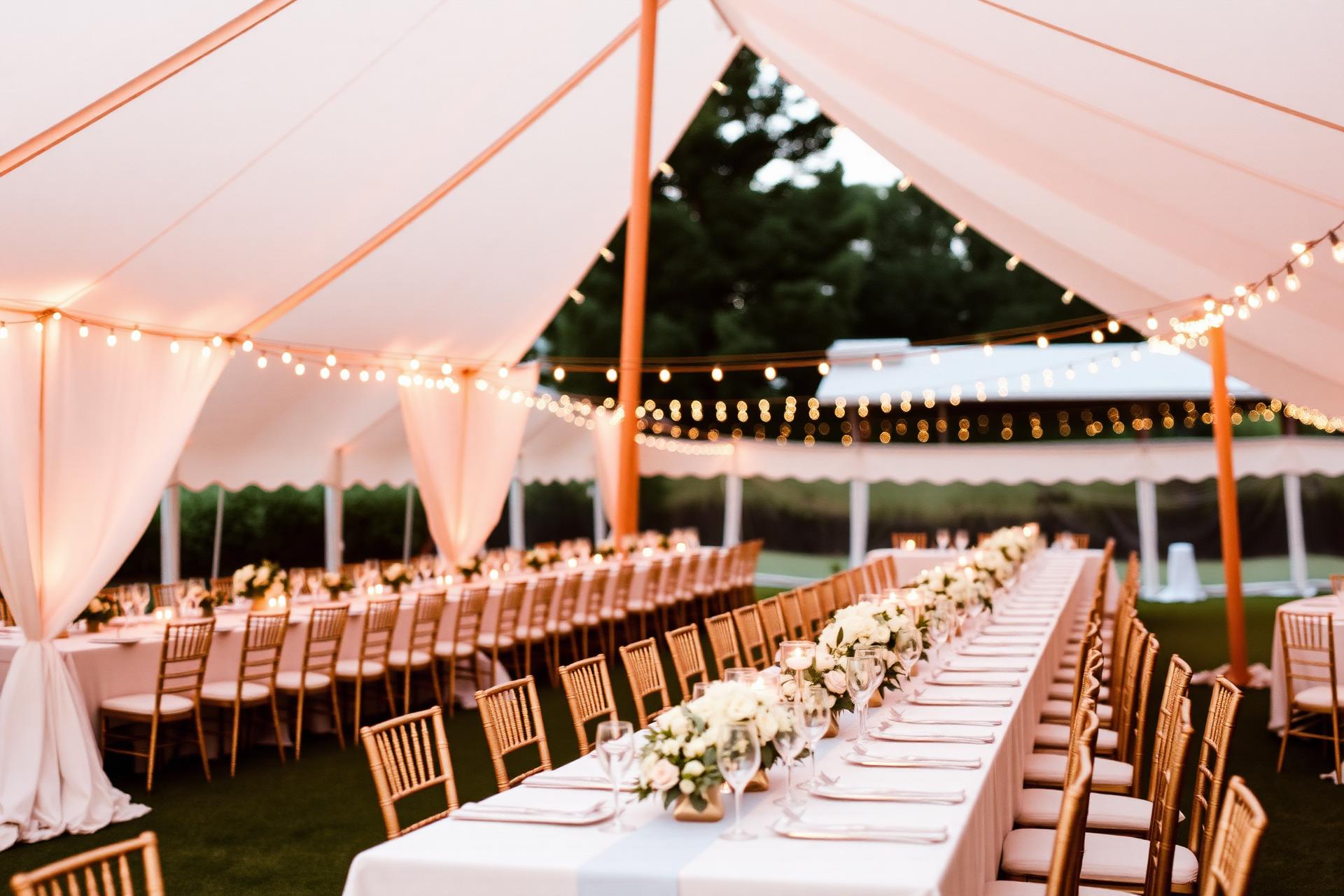 Elegant wedding tent reception at dusk with warm string lights and gold chiavari chairs